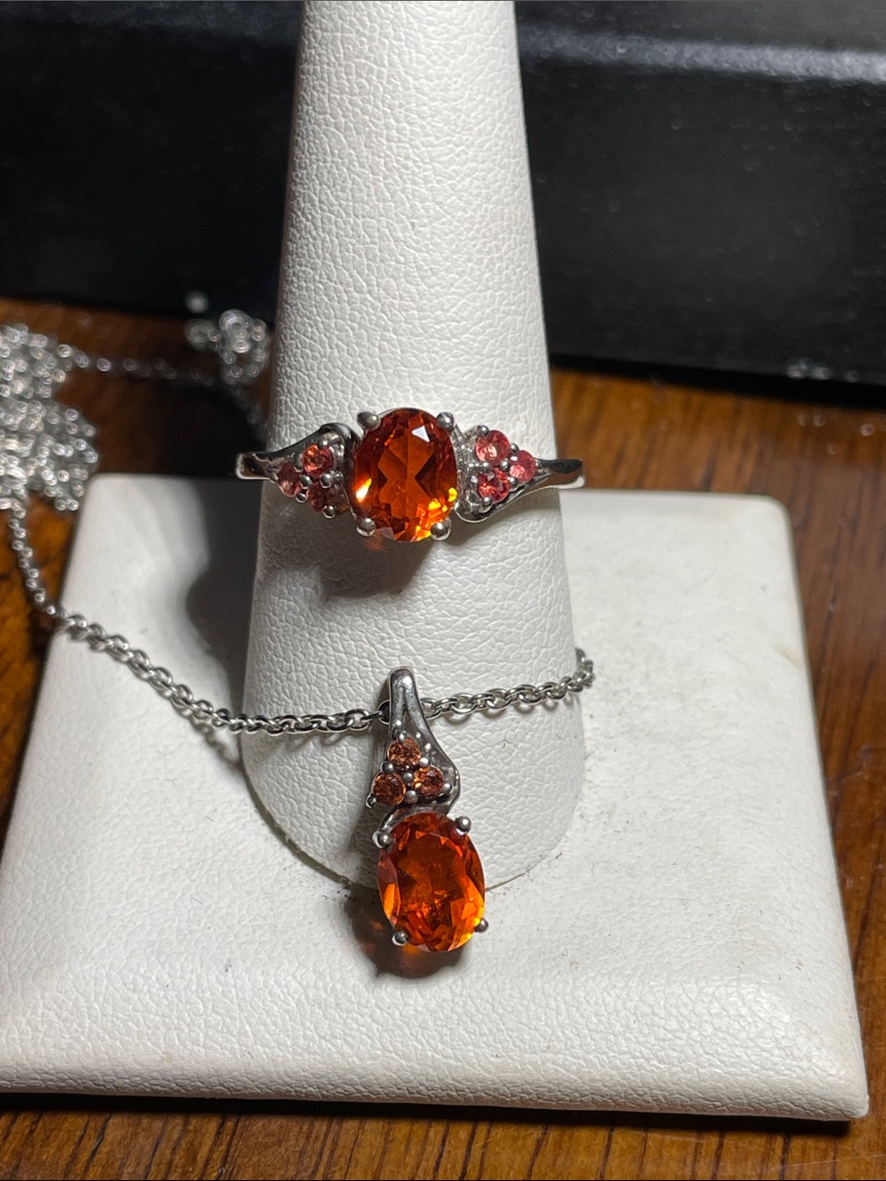 Sterling Silver Orange Quartz Ring and Pendant Set